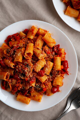 Homemade Italian Sausage and Mushroom Ragu Rigatoni Pasta with Cheese on a Plate, top view.