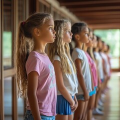 Fototapeta premium Cheerful children standing in line at daycare, symbolizing childhood, education, and social interaction. Perfect for parenting visuals, school themes, and lifestyle photography.