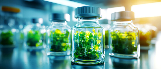 Laboratory action on algae growth research scientific facility glass containers bright environment close-up view innovative concepts
