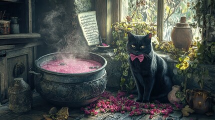 Witchy romance unfolds in a cozy nook with a bubbling cauldron of pink potion surrounded by enchanted decor and a watchful cat in a charming environment