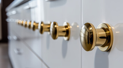 A close-up shot of polished brass cabinet handles mounted on sleek white kitchen cabinets