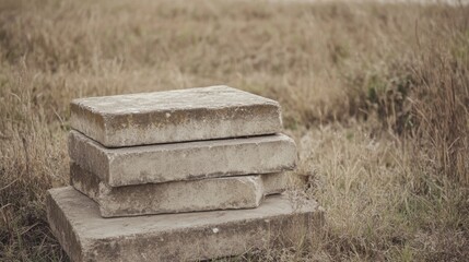 Stacked concrete slabs in dry grass field.