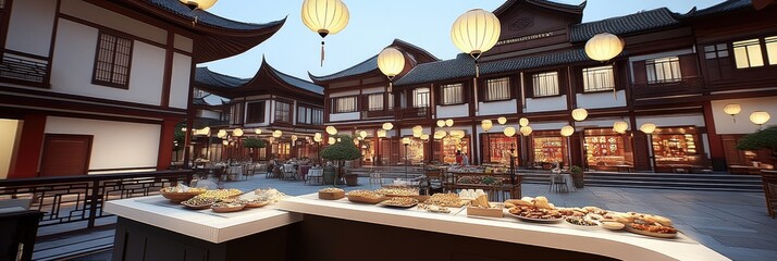Naklejka premium Asian street food market, evening, lanterns, architecture, travel