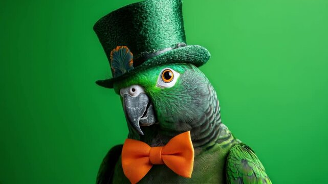 A parrot wearing a sparkly green leprechaun hat and an orange bow tie, set against a vivid green backdrop.