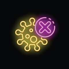 Yellow and purple neon icon showing a virus with a cross sign over it, representing virus elimination