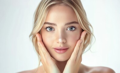 Fototapeta premium Beautiful Young Woman with clean fresh skin, blond hair, blue eyes and pink lips. Concept of facial treatment . Cosmetology , beauty and spa .