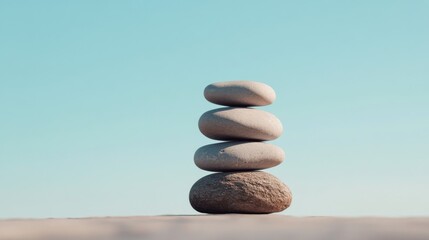 Stacked stones on a sandy surface against a clear blue sky.