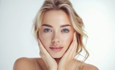 Fototapeta premium Beautiful Young Woman with clean fresh skin, blond hair, blue eyes and pink lips. Concept of facial treatment . Cosmetology , beauty and spa .