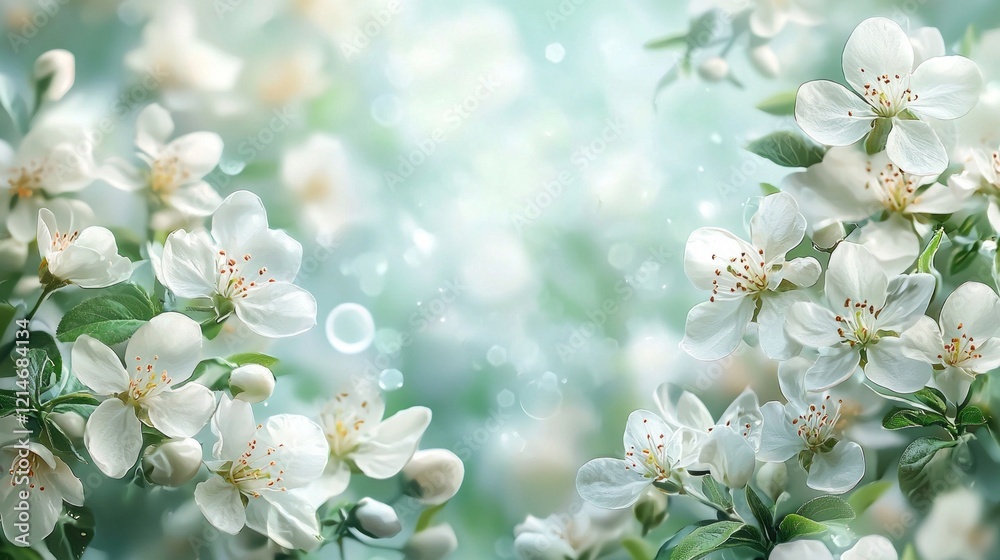 Poster delicate white flowers frame the border, evoking tranquility and joy of spring. soft colors blend se