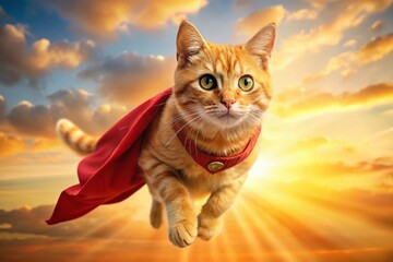 Super Orange Tabby Cat: Flying Superhero in Action - Stock Photo