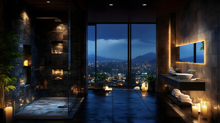 High-end bathroom with an incredible city view and modern, sleek finishes.
