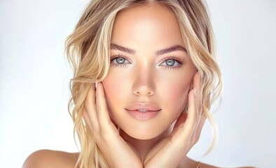 Naklejka premium Beautiful Young Woman with clean fresh skin, blond hair, blue eyes and pink lips. Concept of facial treatment . Cosmetology , beauty and spa .