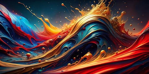 Obraz premium Surreal Abstract Gloss Paint Flow: Red, Blue, Black, Gold Splashes & Glare