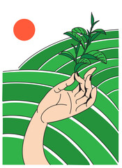 a sprig of tea in his hand on a white background, vector illustration