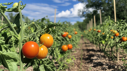 Rows of ripe cherry tomatoes growing in a sunny garden