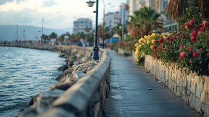 Obraz premium A walkway along the coast with water on one side, suitable for use in coastal-themed projects