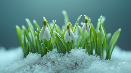 Delicate snowdrops emerge from beneath a soft layer of snow, symbolizing the arrival of spring. Their pure white blooms contrast beautifully with the icy ground, evoking a sense of renewal