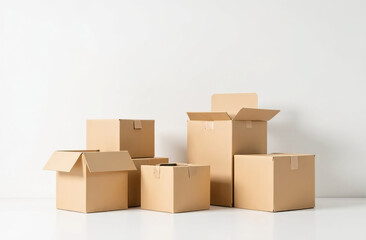 Fototapeta premium Empty cardboard boxes on a white background. Copy space.