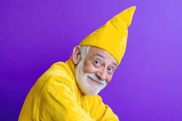 A elderly man dressed in bright yellow clothing, possibly on a sunny day or for a specific occasion