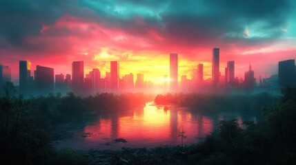 Sunset cityscape reflections urban landscape digital artwork serene environment wide-angle view nature and architecture