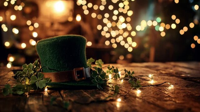 A rustic wooden table decorated with a green leprechaun hat and clovers, warmly lit by golden string lights creating a cozy and festive ambiance.