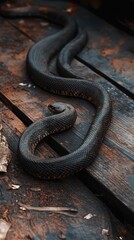 Obraz premium Dark Snake Coiled On Weathered Wooden Planks