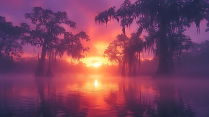 Sunrise swamp mist, cypress trees, tranquil water, vibrant sky, nature scene