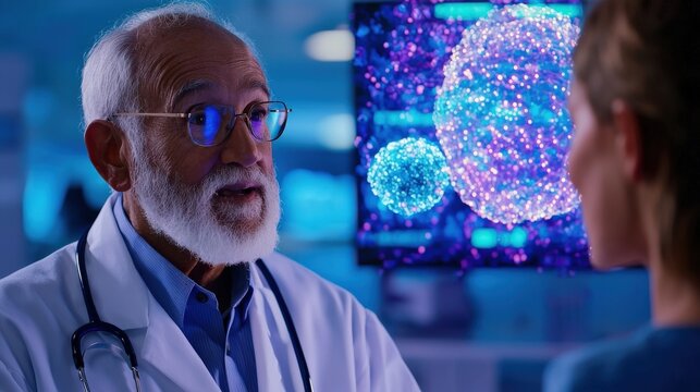 A senior patient consulting with a doctor, with holographic health data displayed above their conversation