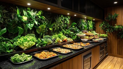 Gourmet Vegetable Buffet Displayed Against Lush Greenery Wall