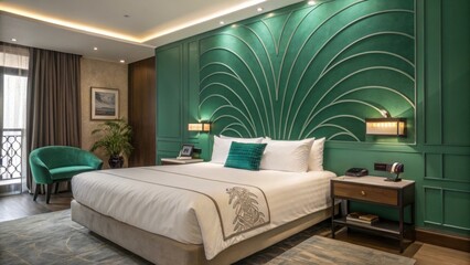 A cozy retreat showcases a vivid emerald green accent wall creating an energetic backdrop for the elegant white linens and plush pillows adorned on the bed. The standout headboard