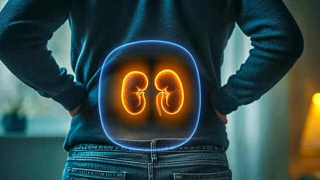 Person illuminated kidney graphic torso feeling pain.Adult experiencing discomfort standing low-light room.Figure bright symbol indicating renal issues.Health concept depicted creatively lighting