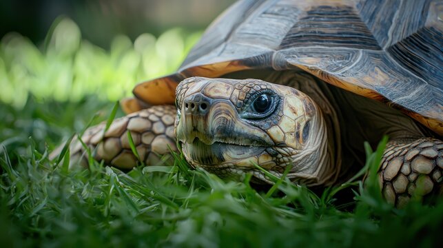 A close-up of a Galapagos tortoise with its unique shell pattern, resting on the lush green grass.