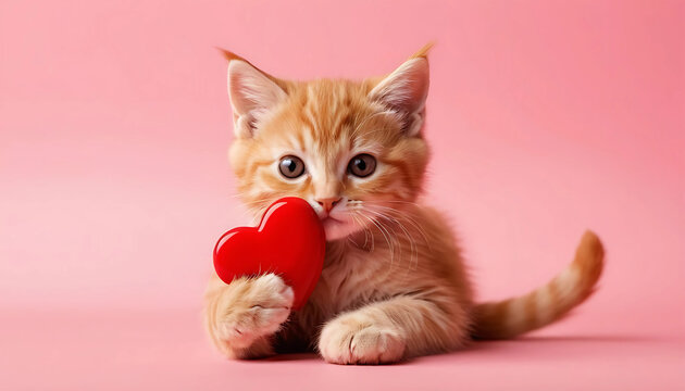 Ginger kitten hugging toy red heart. Cute cat on pink background. Valentine's Day love concept. Banner, advertisement, billboard for animal shelter,