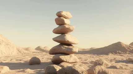 Balanced stones in desert landscape.