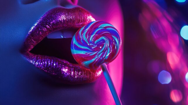 Close-up of female lips with glossy lipstick and colorful lollipop in neon lights
