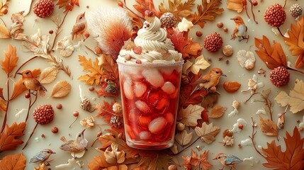 Soda float with forest creatures in whimsical woodland style