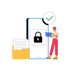 Smartphone With Lock Screen And Man Holding Laptop In Flat Vector Illustration Symbolizing Data Security And Privacy, Isolated On White Background
