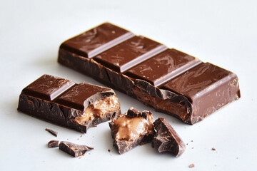 Chocolate bar broken into pieces showcasing rich and creamy filling against a clean white background