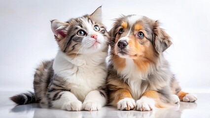 Fototapeta premium Adorable Australian Shepherd Puppy Kisses Cute Cat - White Background Stock Photo