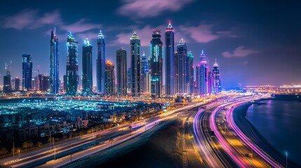 Obraz premium Dynamic City Skyline at Night with Vibrant Lights