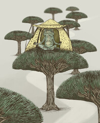 Frog relaxing and meditating on top of tree
