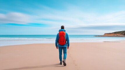 Man Walking on a Serene Beach with Clear Blue Sky and Calm Ocean Waves in the Background