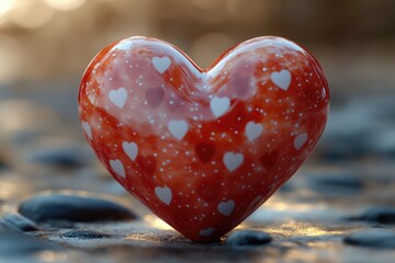 Fototapeta premium A red heart-shaped object sits on a sandy beach