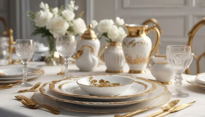 Fototapeta premium Elegant white and gold place setting with vintage china and crystal glassware, wedding, crystal