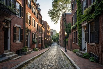 Early morning sunlight on a quiet street in Beacon Hill, Boston neighborhoods, tree-lined streets, sunrise, historic homes