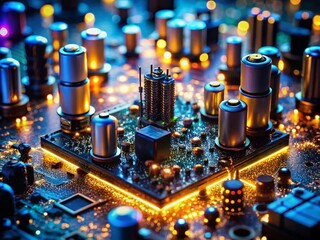 Surreal Cyberpunk Electronics: Close-up of Black Circuit Board with Capacitors, Coil, and Microcontroller