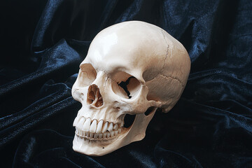 Obraz premium Polished human skull on black velvet fabric with subtle lighting enhancing its features