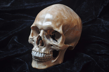 Obraz premium Polished human skull placed on black velvet fabric showcasing intricate details under gentle lighting