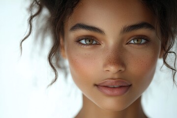 Close-up portrait of a woman with distinctive freckles on her face