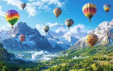 Fototapeta premium A colorful array of hot air balloons floating in the clear blue sky, with snow-capped mountains